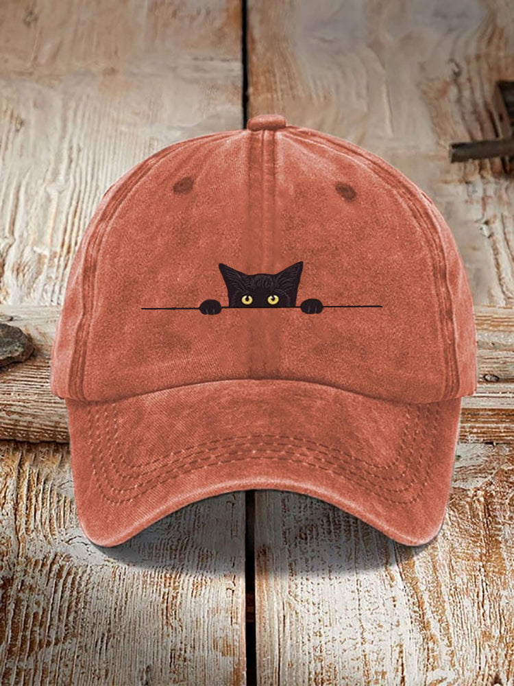 Japanese Art Black Cat Print Washed Hat elevenforest