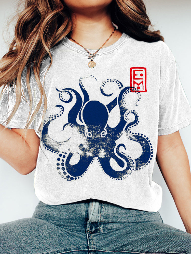Comstylish Vintage Japanese Octopus Washed Cotton T-Shirt