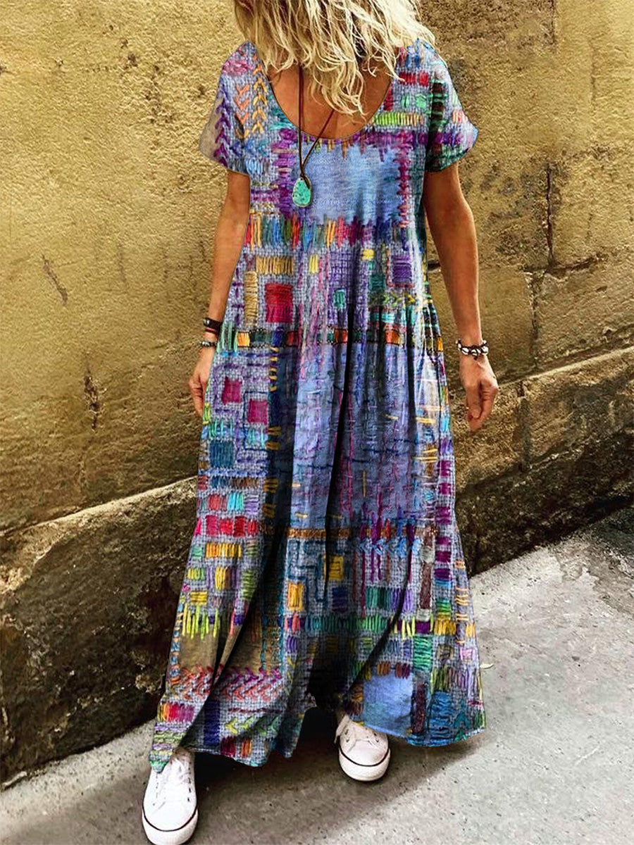 Women's Vintage Boho Patchwork Art Print Pocket Short Sleeve Cotton Dr