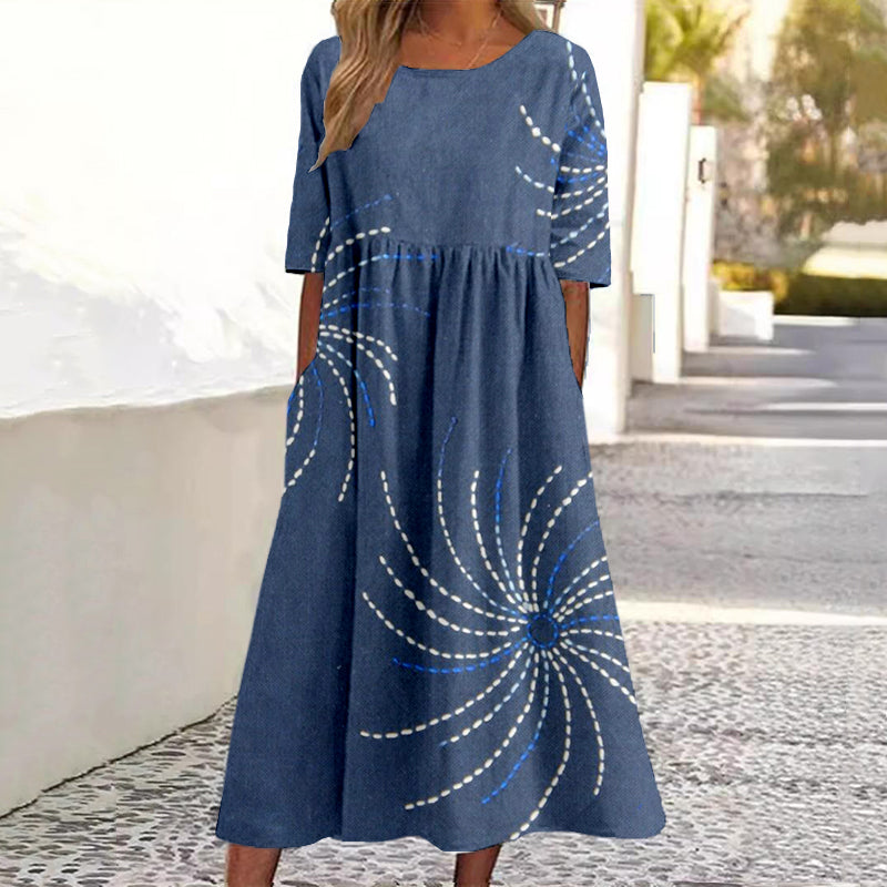 Comstylish Japanese Firework Sashiko Art Linen Maxi Dress