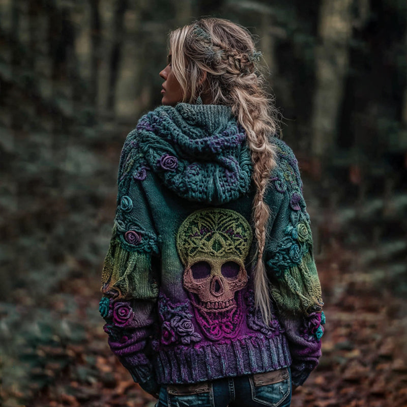 Women's Vintage Viking Skull And Rose Gradient Art Knit Hooded Sweater artswardrobe