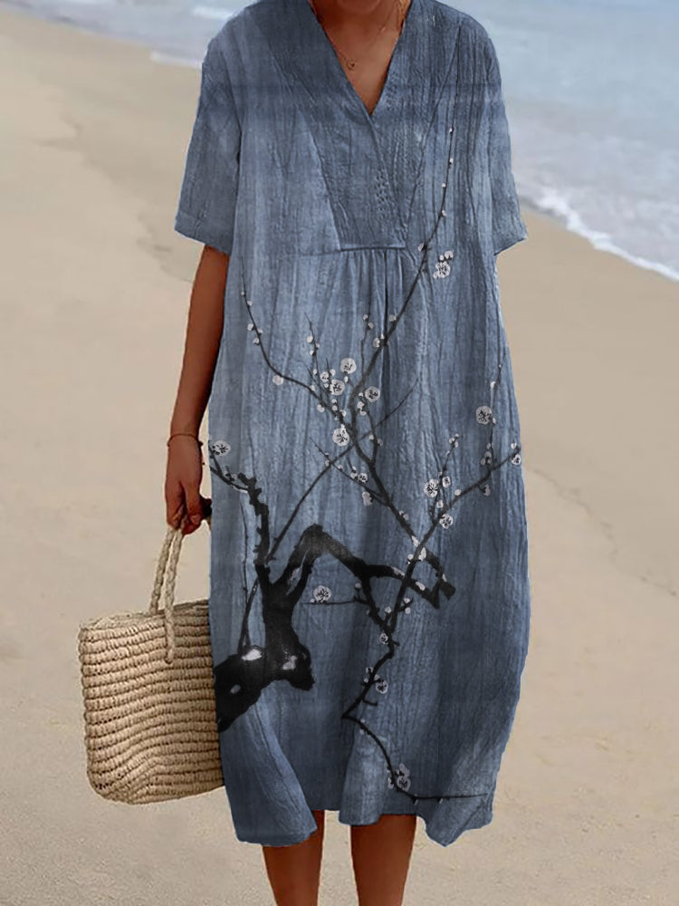 Comstylish Simple Plum Blossom Japanese Art Linen Blend Dress
