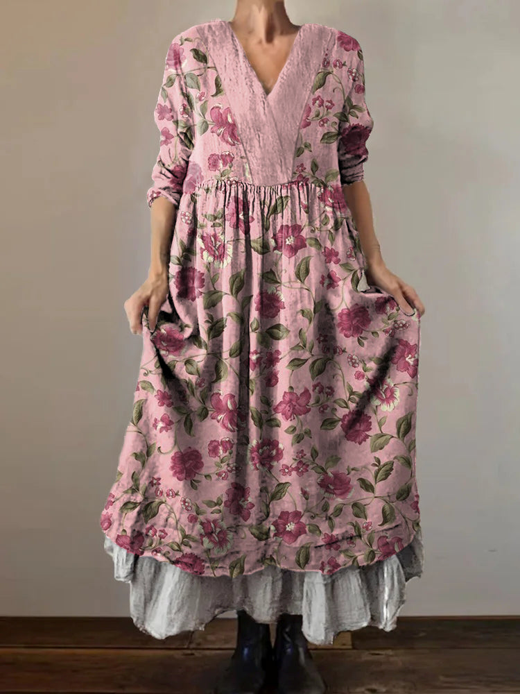 Women's Bohemian Floral Art Pattern Print V-Neck Pocket Cotton Dress