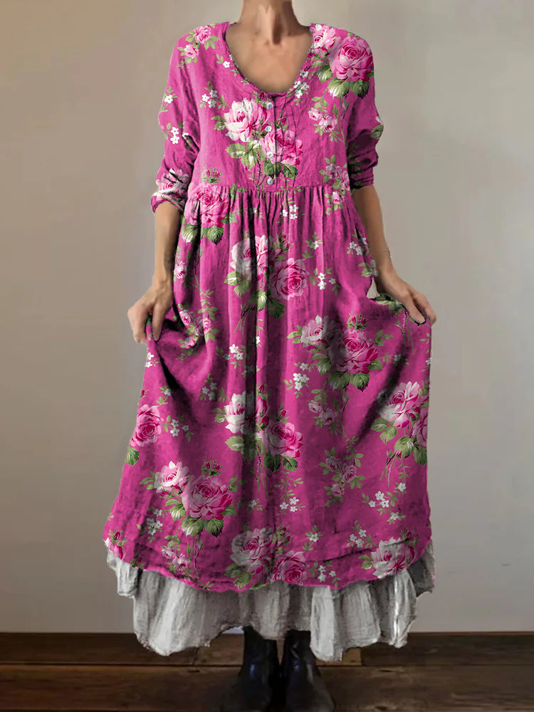 Women's Vintage Rose Floral Art Print V-Neck Button Pocket Cotton Dres