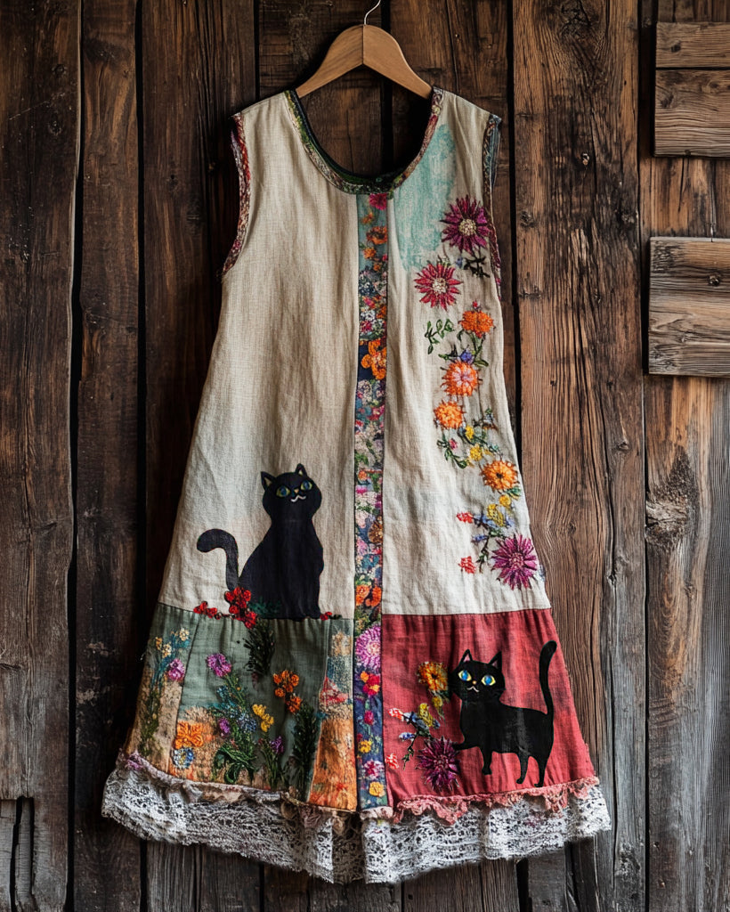 Vintage Cute Black Cat And Patchwork Linen Tank Dress elevenforest