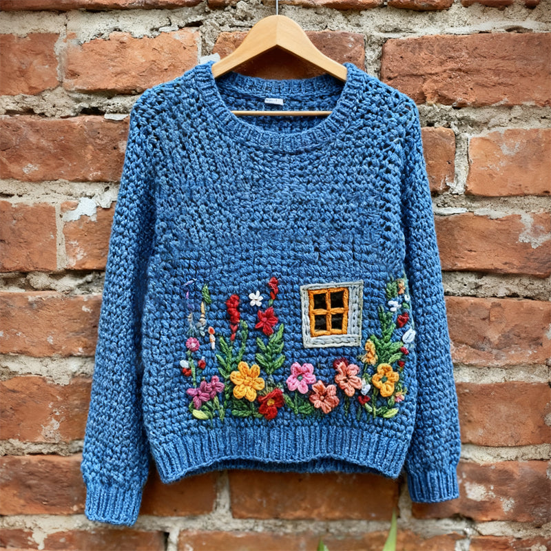 Comstylish Vintage Cottagecore Floral Window Crochet Cozy Knit Sweater