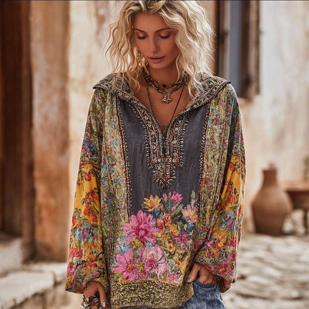 Comstylish Women's Vintage Ethnic Style Floral Patchwork Hooded Top