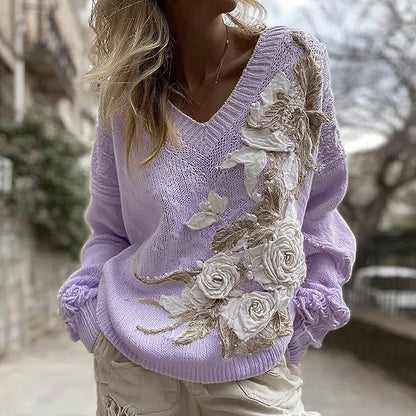 Women's White Rose Knitted Warm V-neck Sweater artswardrobe
