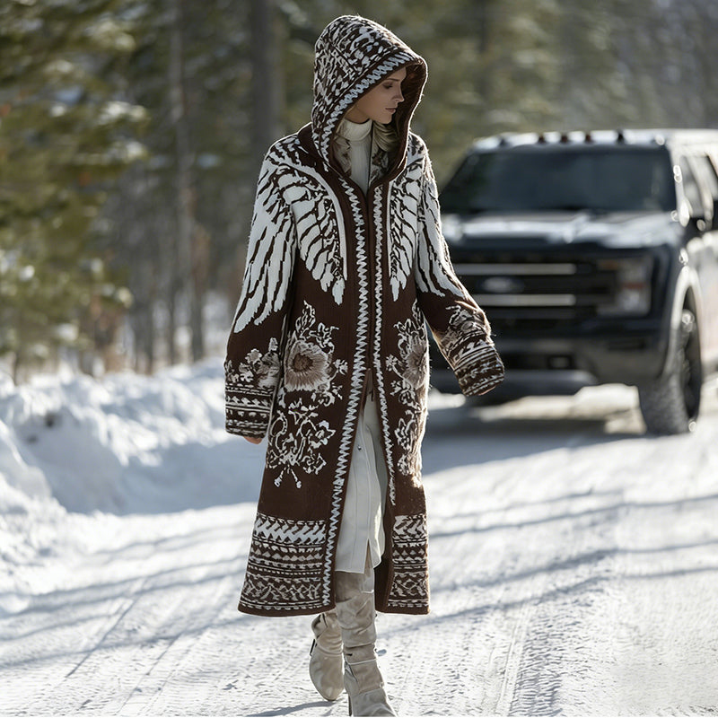 Comstylish Women's Retro Celtic Wings And Botanical Pattern Comfortable Hooded Winter Cardigan Sweater