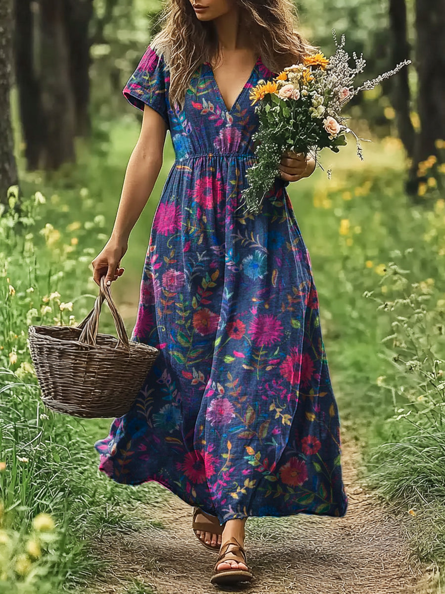 Women's Artistic Floral Navy Vintage Print V-Neck Dress
