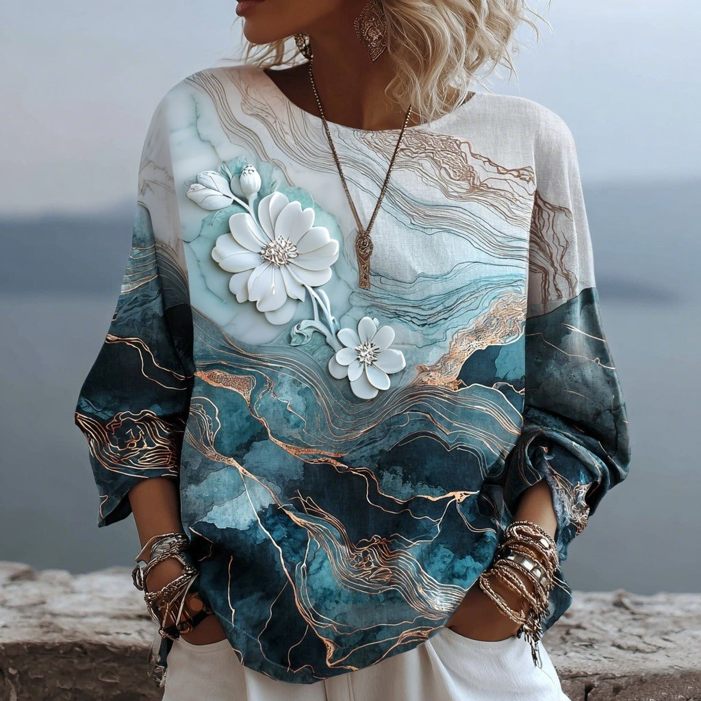 Comstylish Vintage Gradient Marble Texture Pattern Art Linen Three-quarter Sleeves Shirts