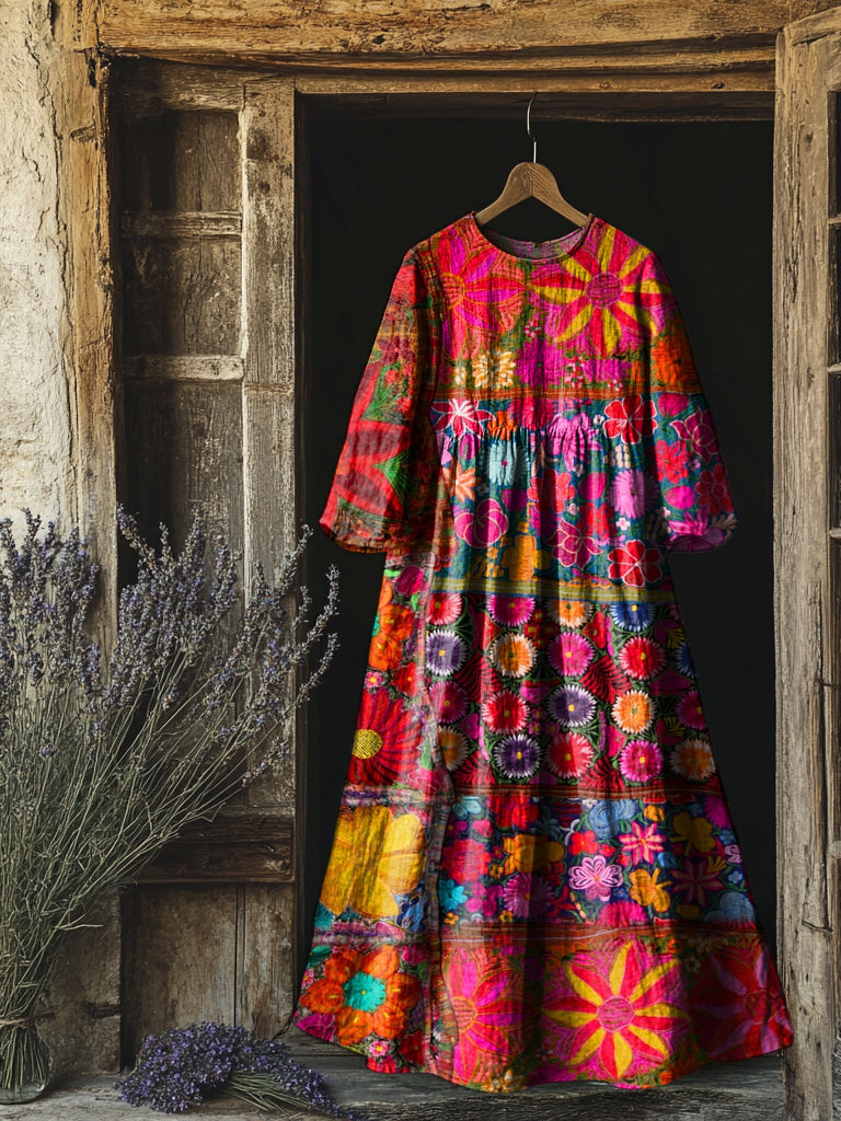 Women's Boho Patchwork Floral Print Flowy Cotton Crew Neck Dress
