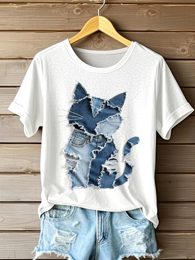 Women's Cat Pattern Denim Patchwork Art T-shirt elevenforest