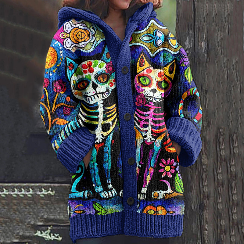 Mexican Day Of The Dead Cat Print Knitted Hooded Cardigan elevenforest