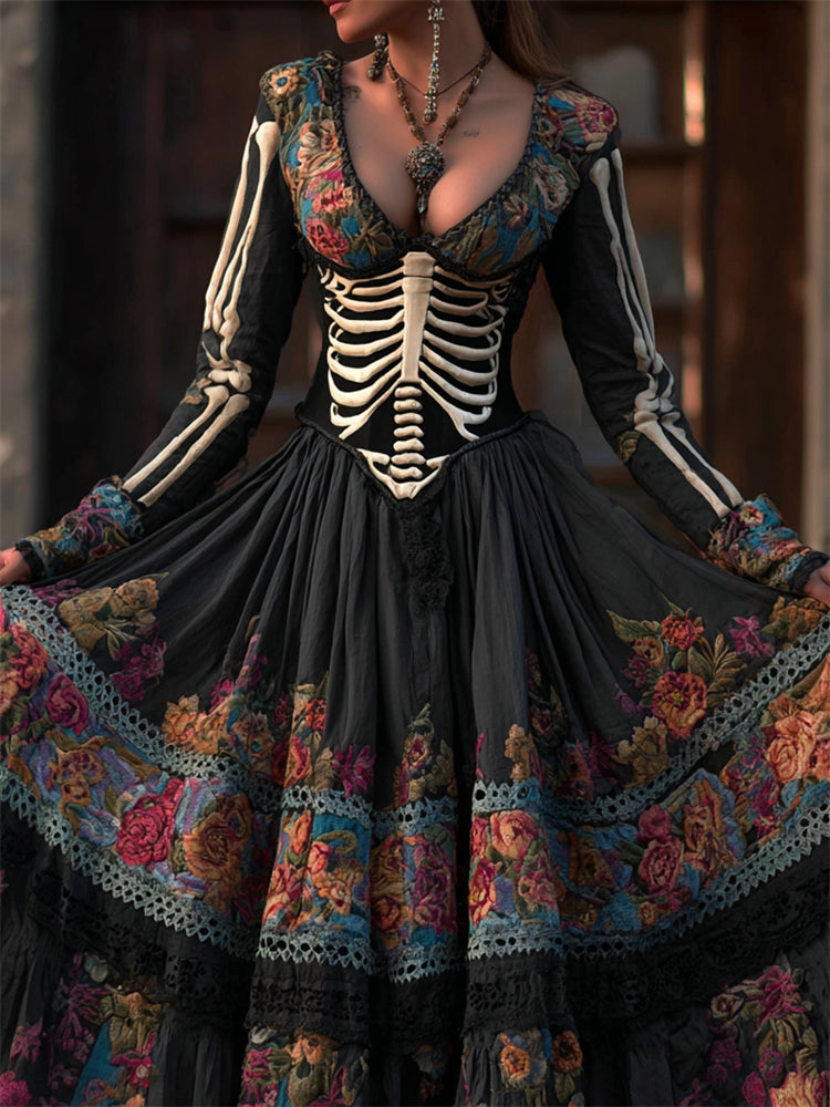 Comstylish Day Of The Dead Skeleton Floral Embroidered Linen Maxi Dress