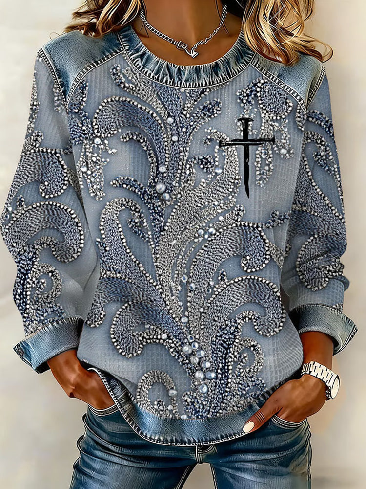 Comstylish Women's Casual Cross Print Long Sleeve Sweatshirt