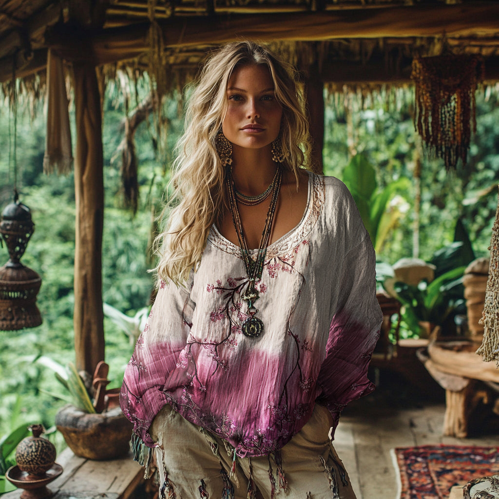 Comstylish Women's Vintage Cherry Blossoms Gradient Art Long Sleeve T-shirt