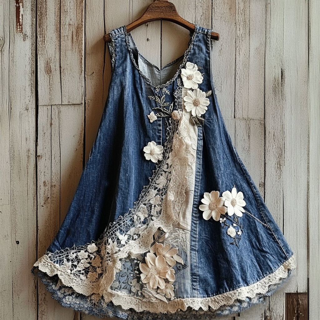 Comstylish Women's Vintage Floral Lace Denim Oversized Dress