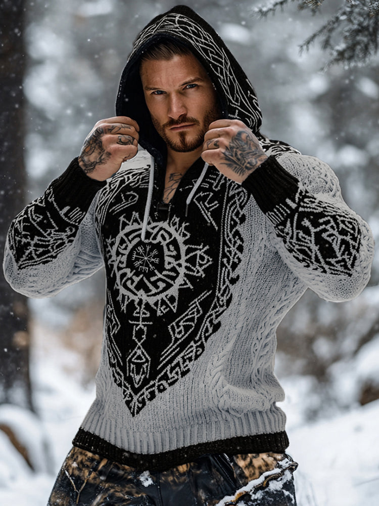 Men's Viking Tribal Jacquard Celtic Inspired Chunky Knit Hooded Sweater artswardrobe