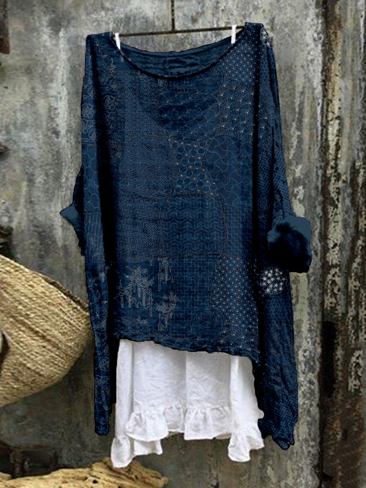 Comstylish Japanese Traditional Sashiko Art Linen Blend Flowy Tunic