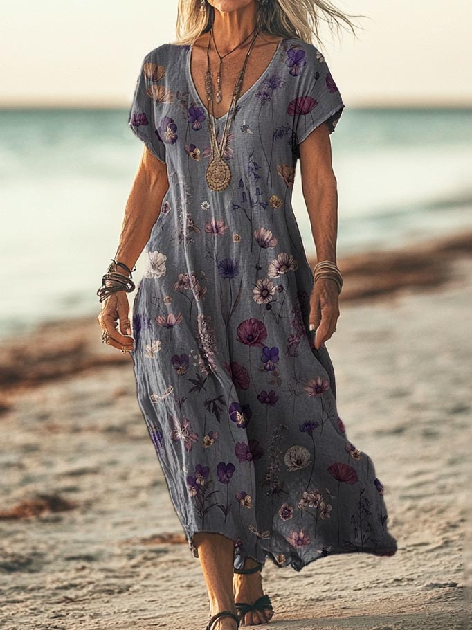 Women's Floral Art Pattern Print Pocket Cotton Dress