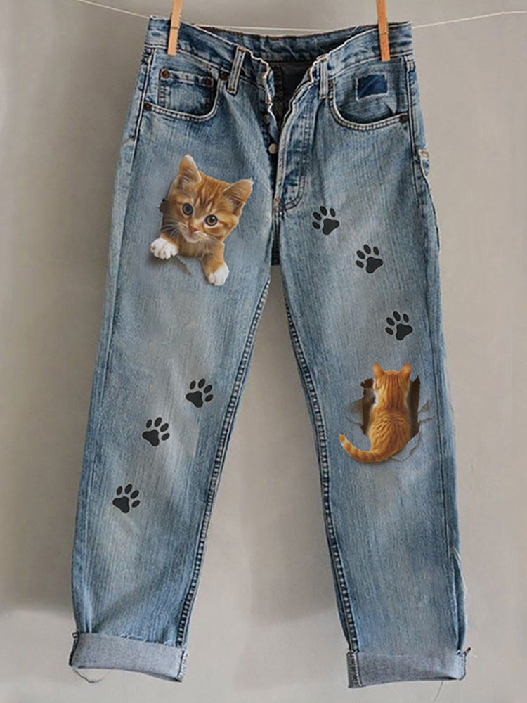 Comstylish Funny Animal Embroidered Print Jeans