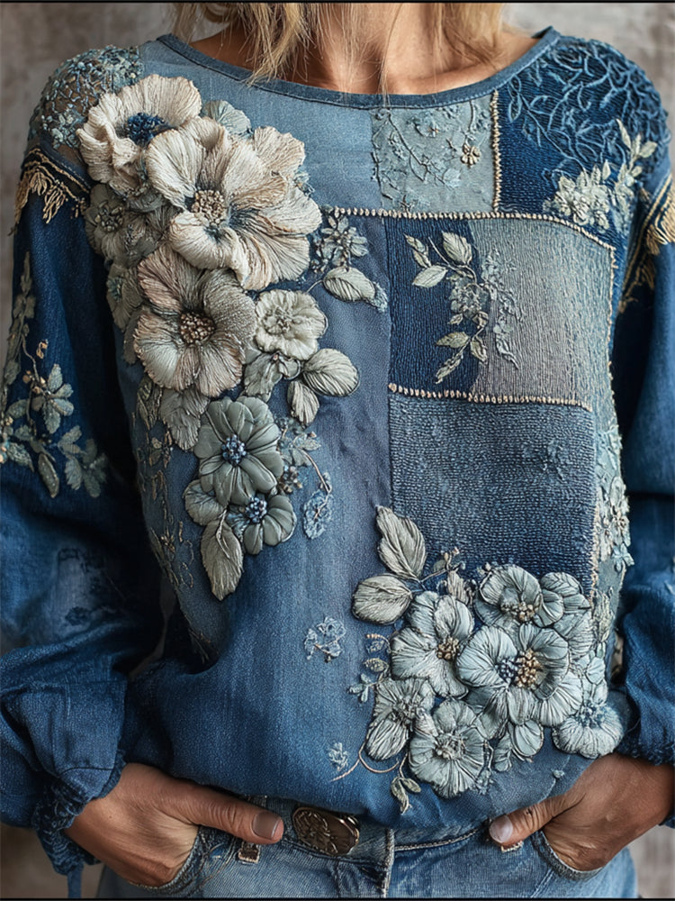 Comstylish Vintage Floral Embroidered Colorblock Patchwork Linen Tunic