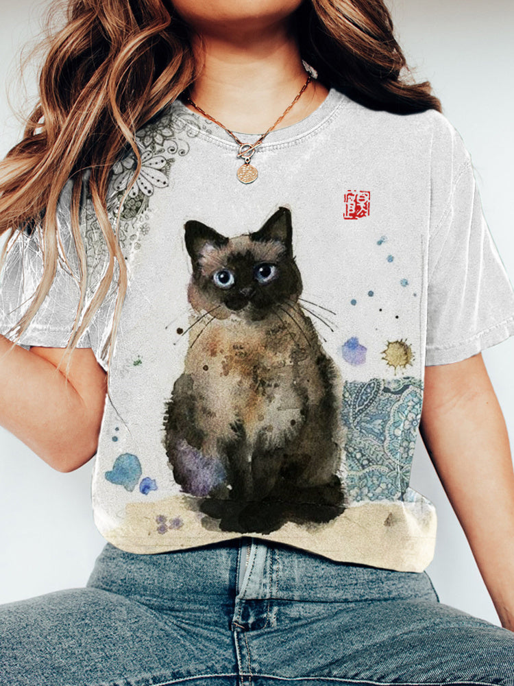 Comstylish Vintage Cat Watercolor Print Short Sleeve T-Shirt