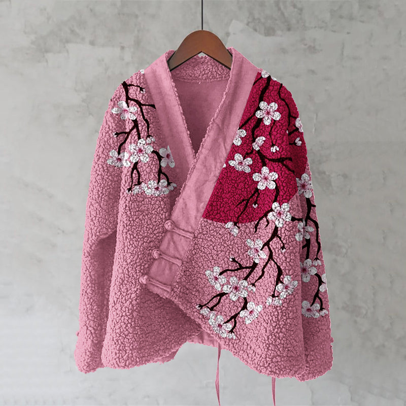 Comstylish Vintage Japanese Sakura Art Plush Kimono Cardigan
