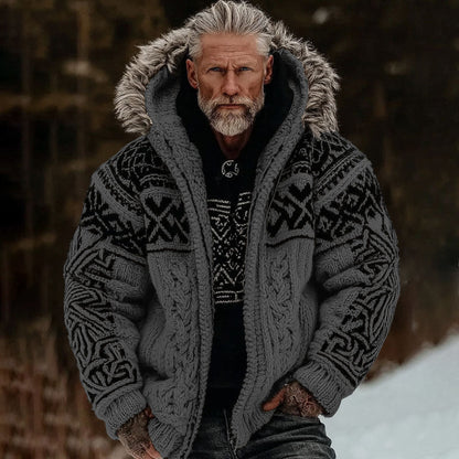 Men's Viking Celtic Art Cozy Fur Collar Knit Hooded Sweater Jacket artswardrobe