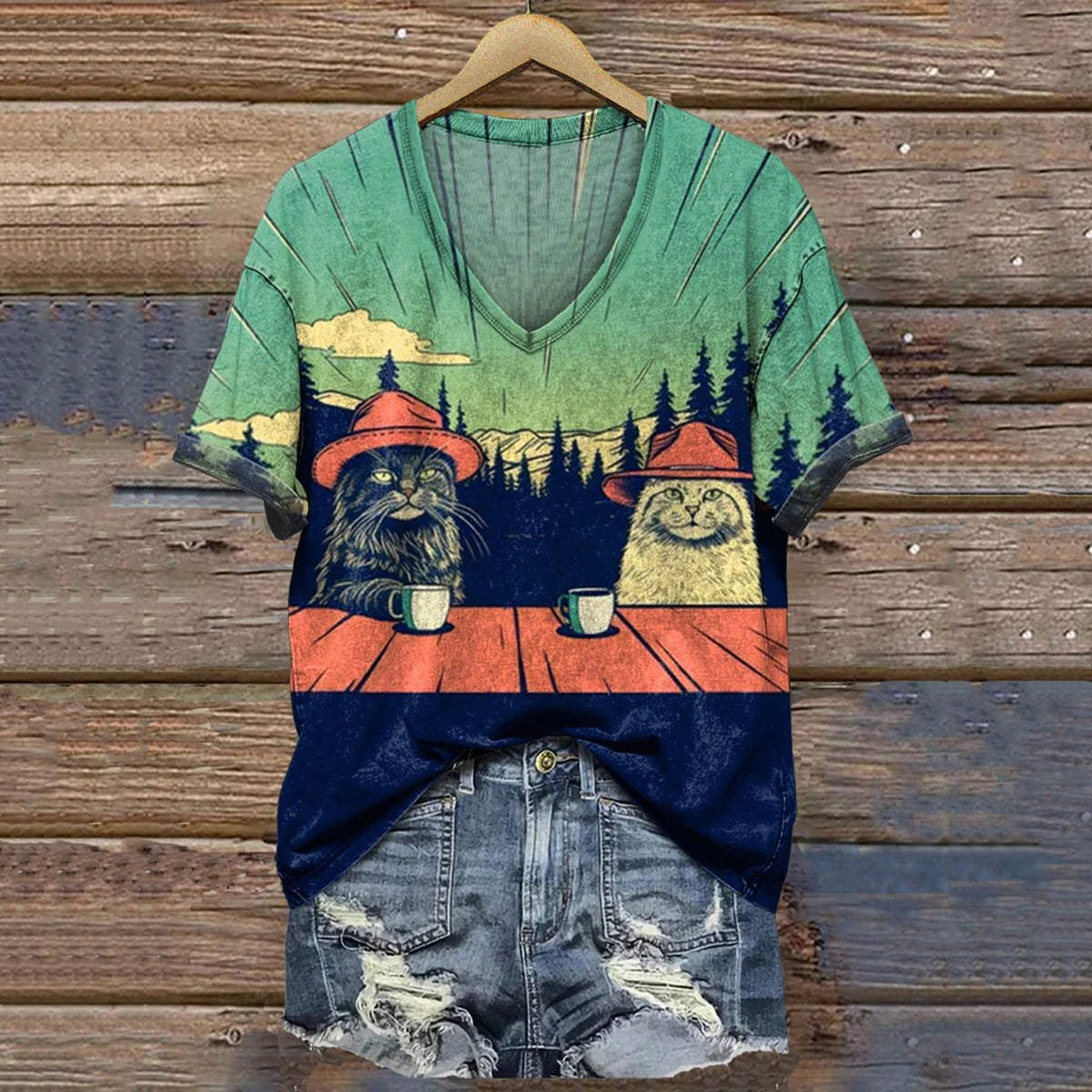 Cowboy Cats Coffee Break Eclectic Quirky Kitchen Funny Cat Vintage V-Neck Casual T-Shirt elevenforest