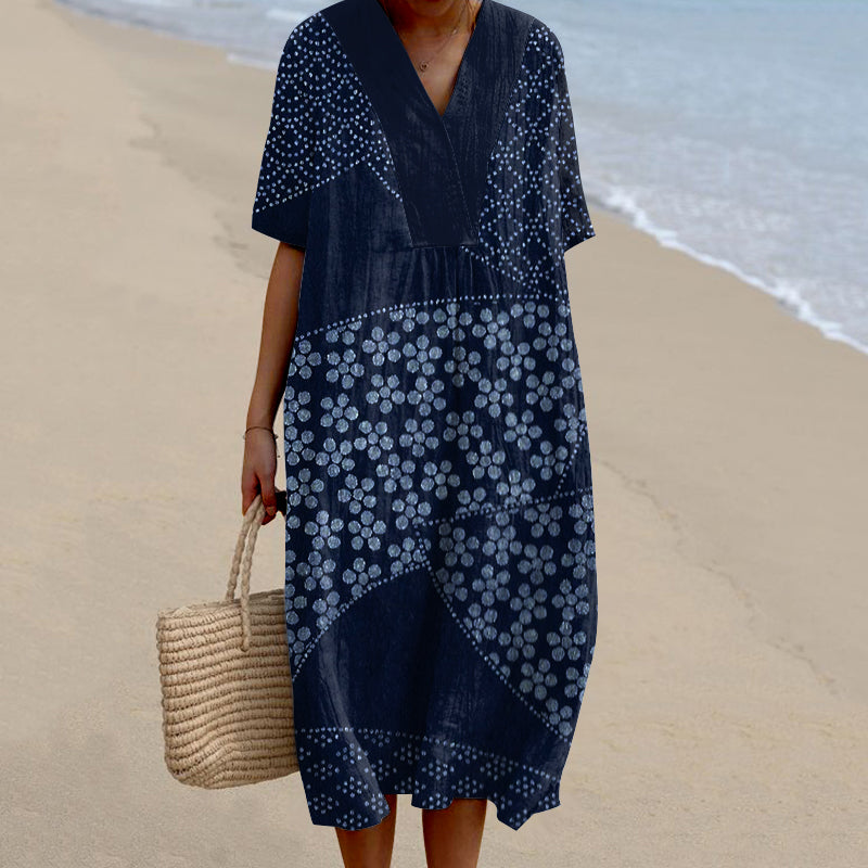 Comstylish Women Geometry Floral Art Printed Casual V Neck Midi Dress