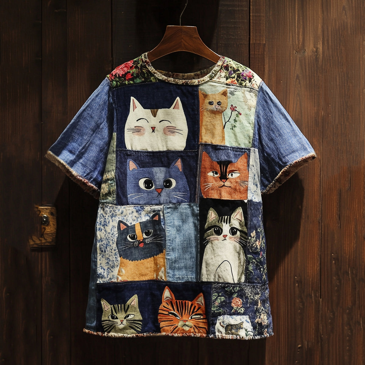 Comstylish Women's Cat Patchwork Print Linen T-shirt