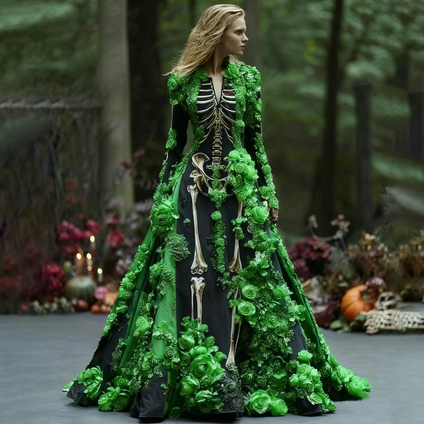 Comstylish Women's Elegant Retro Skull Flower Pattern V-neck Long Sleeve Maxi Dress