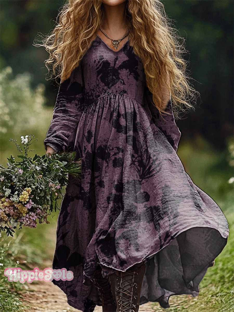 Women's Bohemian Floral Pattern Print Casual V-Neck Pocket Cotton Dres