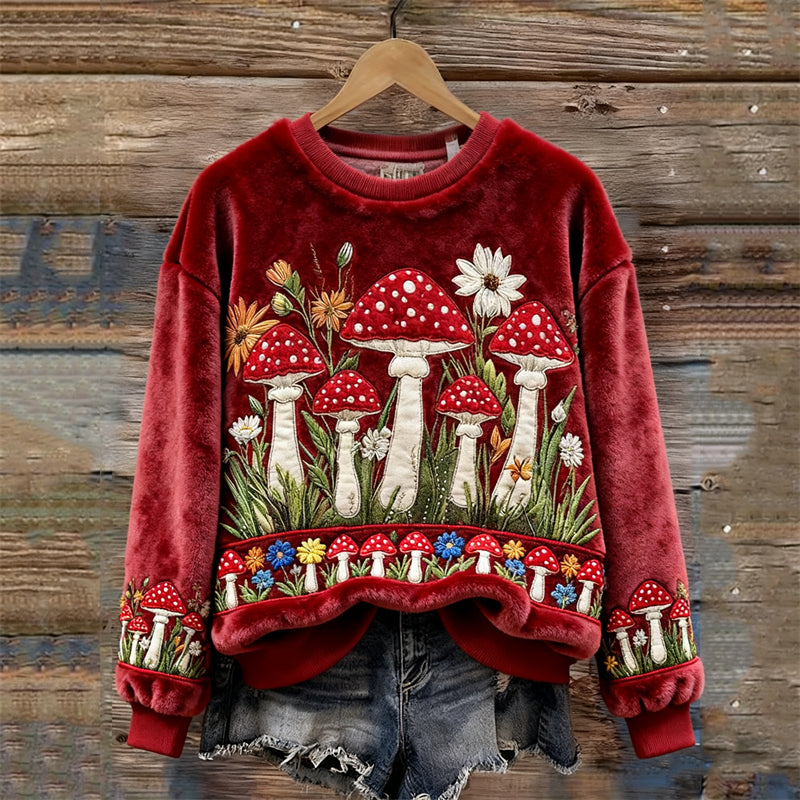Comstylish Vintage Forest Colorful Mushroom Floral Embroidered Plush Sweatshirt