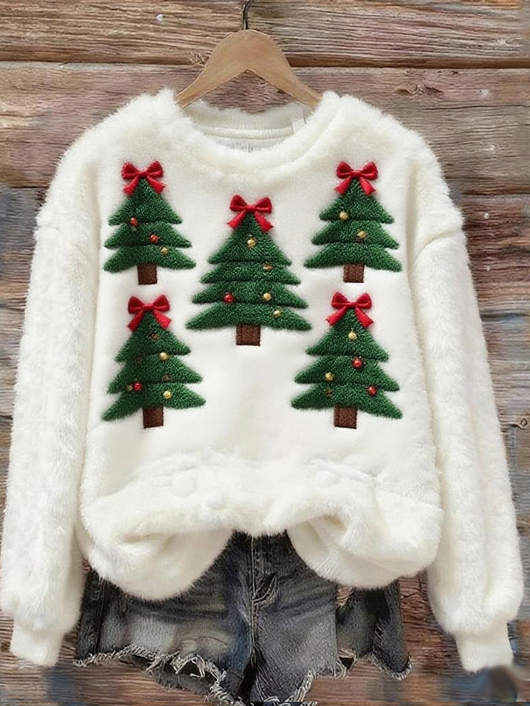 Comstylish Christmas Bow Tie Christmas Tree Flannel Crew Neck Sweatshirt