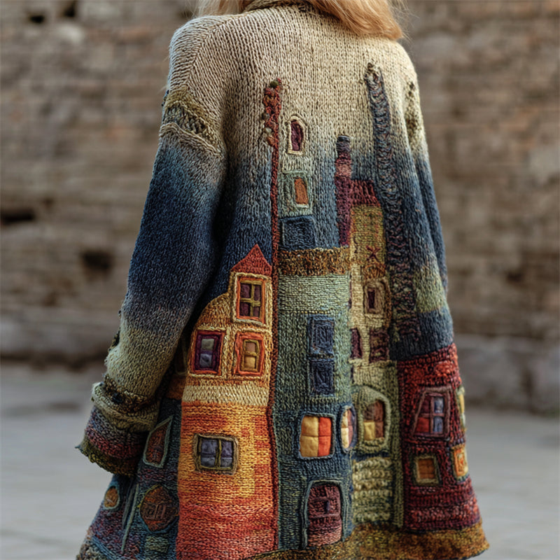 Street Buildings Colorblock Crochet Gradient Cozy Cardigan artswardrobe