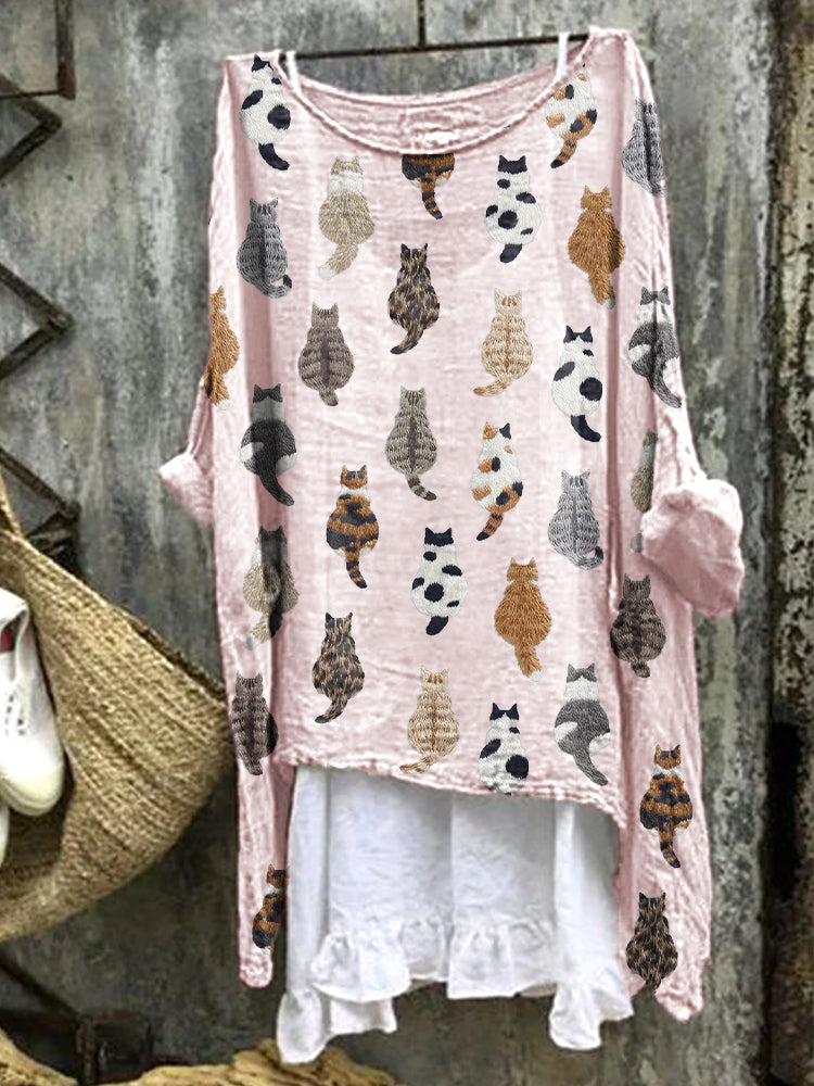 Comstylish Cute Cats Embroidery Pattern Linen Blend Casual Shirt