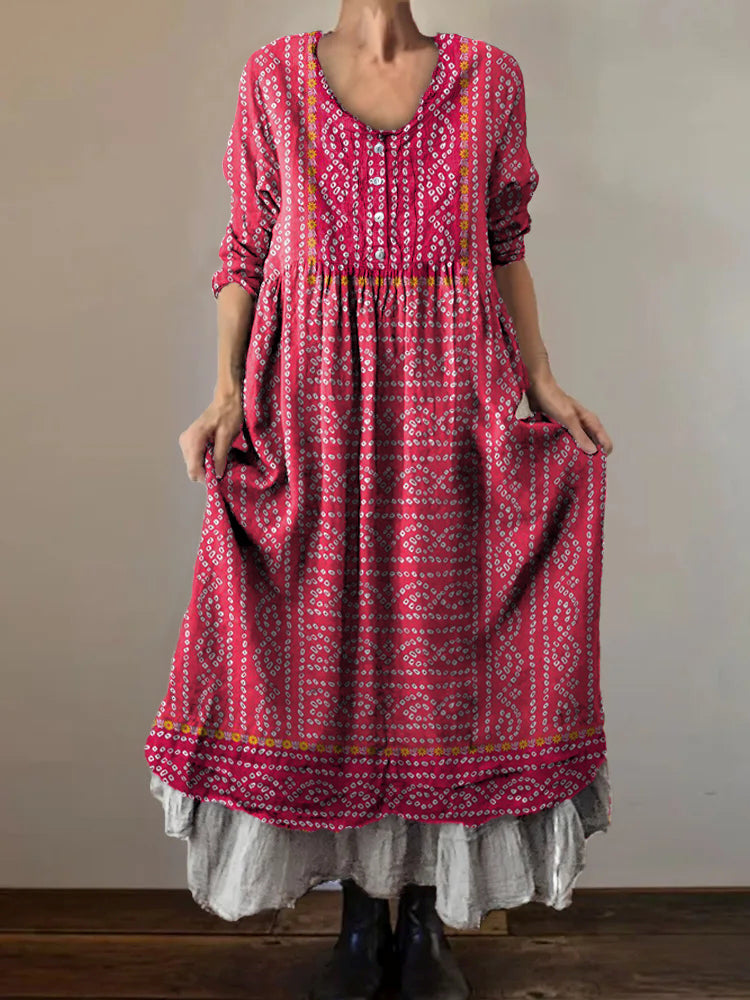 Women's Ethnic Art Print V-Neck Button Pocket Cotton Dress