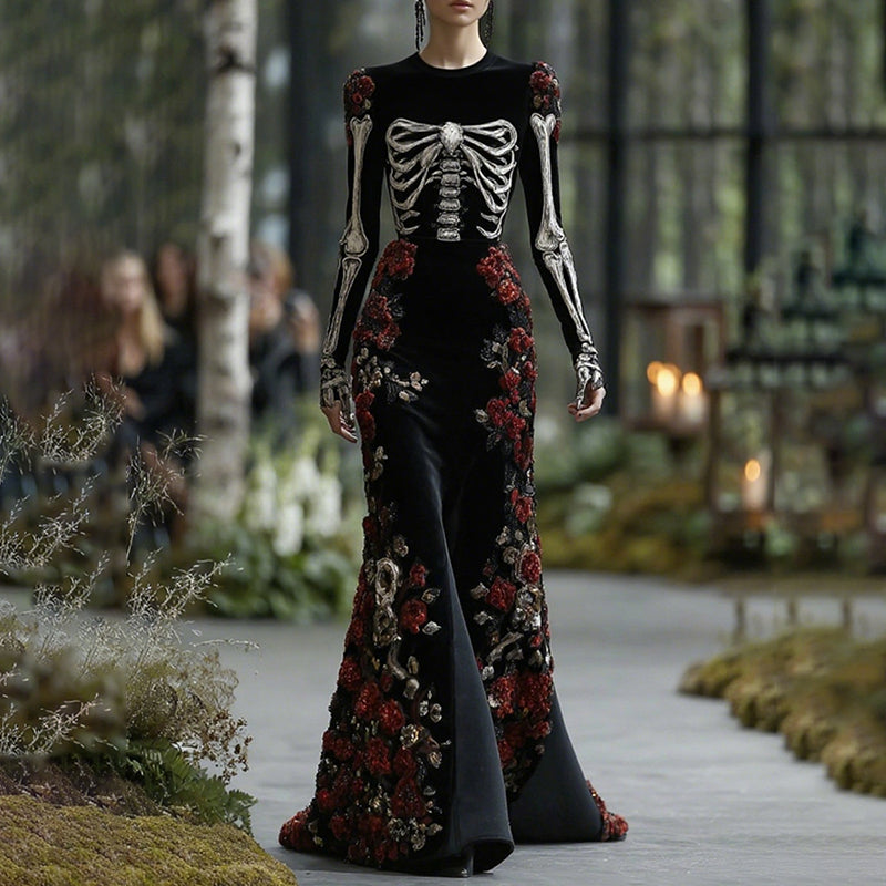 Comstylish Women's Elegant Retro Rose Skull Pattern Round Neck Long Sleeve Maxi Dress