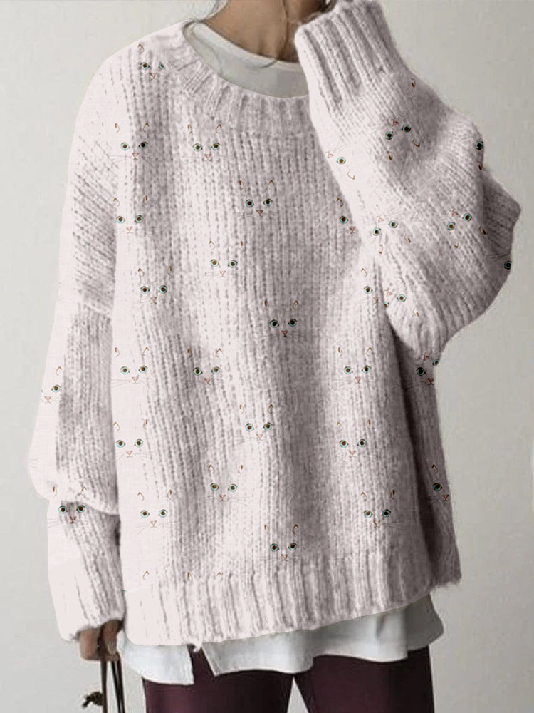 Comstylish Cute Cat Face Pattern Crew Neck Comfy Sweater