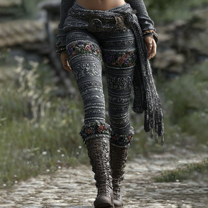 Comstylish Vintage Viking Floral Embroidered Casual Leggings