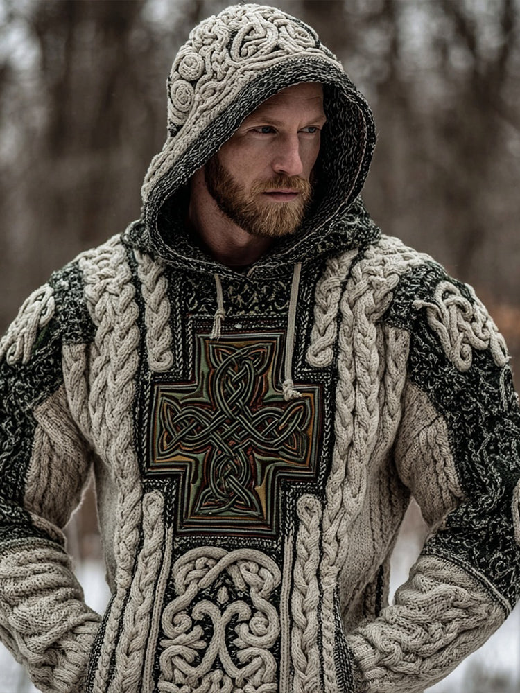 Men's Irish Celtic Cross Vintage Chunky Hooded Sweater artswardrobe