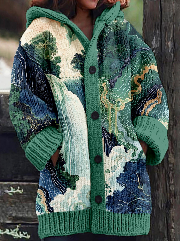 Comstylish Japanese Waterfall Landscape Art Cozy Hooded Cardigan