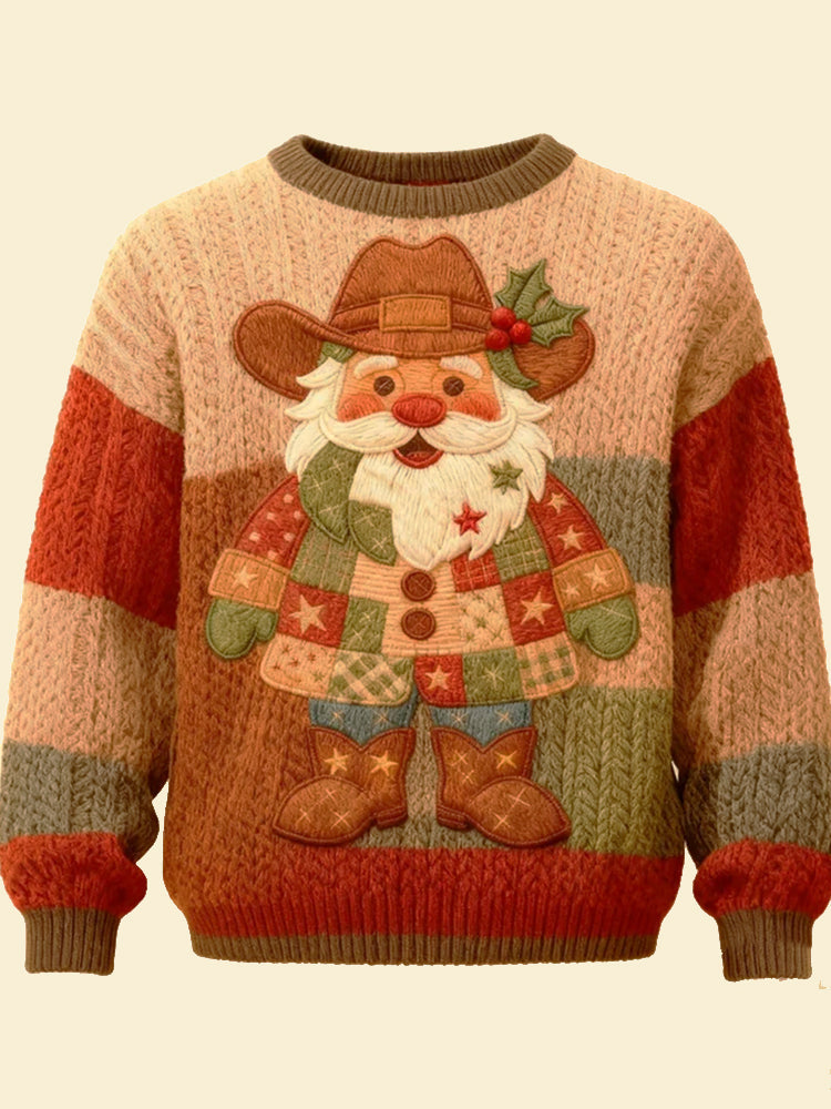 Men's Christmas Cowboy Santa Claus Splicing Round Neck Sweater artswardrobe