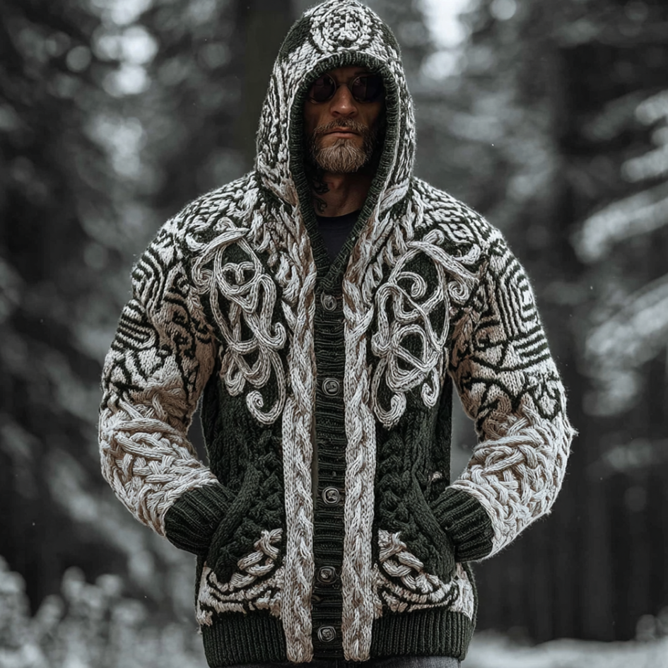 Viking Style Winter Men's Warm Hooded Knit Sweater Jacket artswardrobe