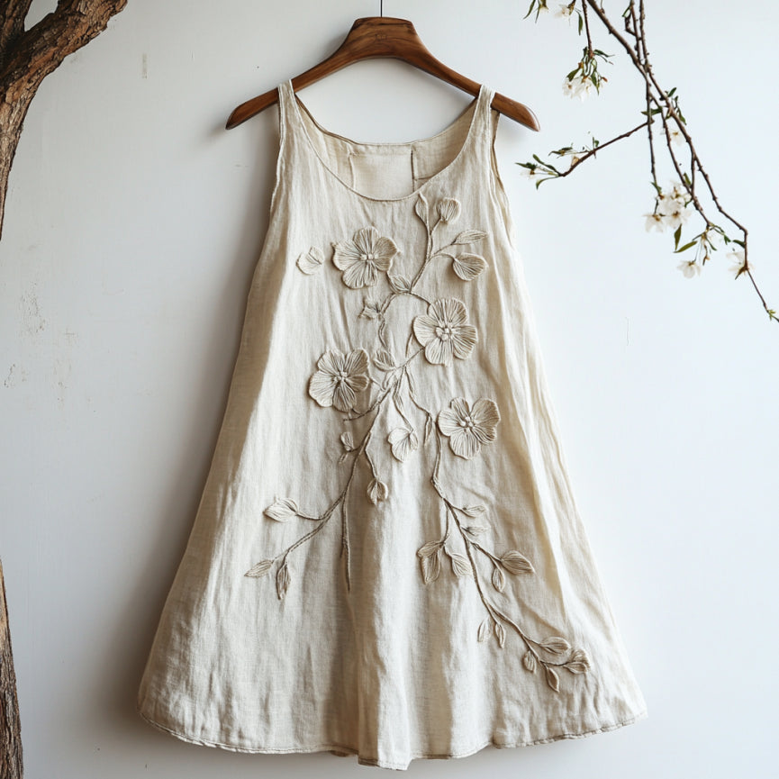 Vintage Floral Embroidery Casual Linen Sleeveless Dress artswardrobe