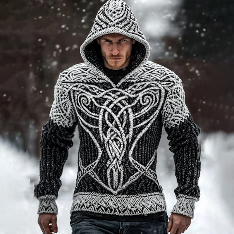 Men's Viking Runes Pattern Jacquard Cozy Hooded Sweater artswardrobe