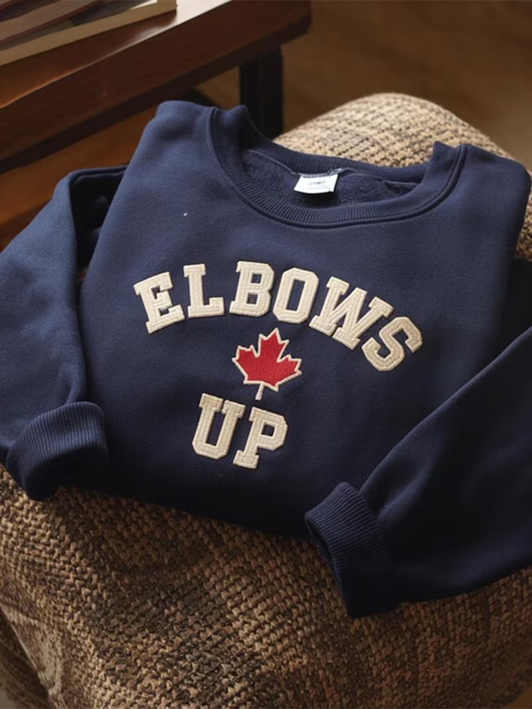 Comstylish Retro Elbows Up Canada Embroidery Print Crew Neck Long Sleeve Sweatshirt